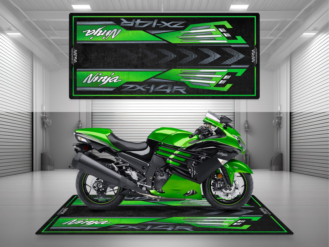 MPM motorcycle mat for Kawasaki Ninja ZX-14R MM7403 in Lime Green and Ebony. Model-specific motorcycle garage mat for parking, showroom display, and track use.