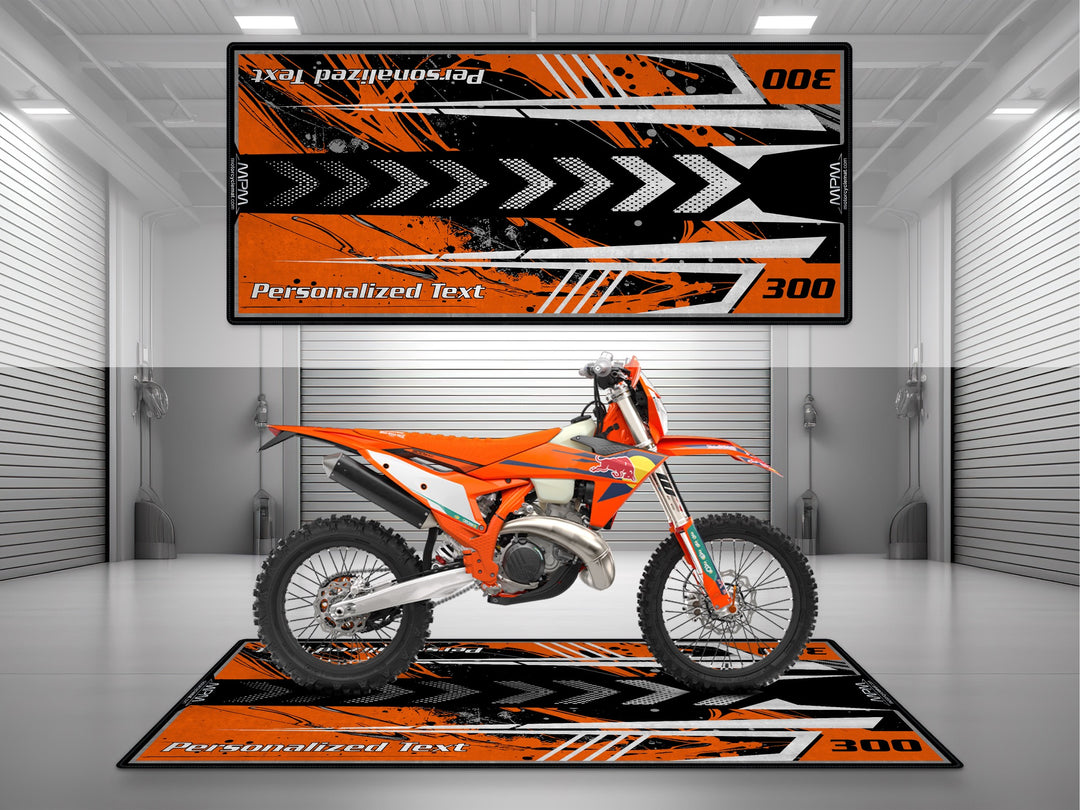 KTM 300 Orange Motorcycle Garage Mat as custom pit rug gift for dirt rider