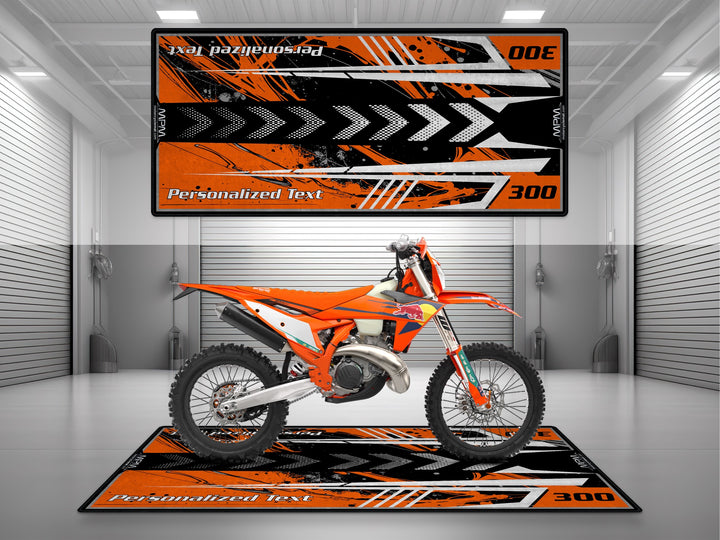 KTM 300 Orange Motorcycle Garage Mat as custom pit rug gift for dirt rider