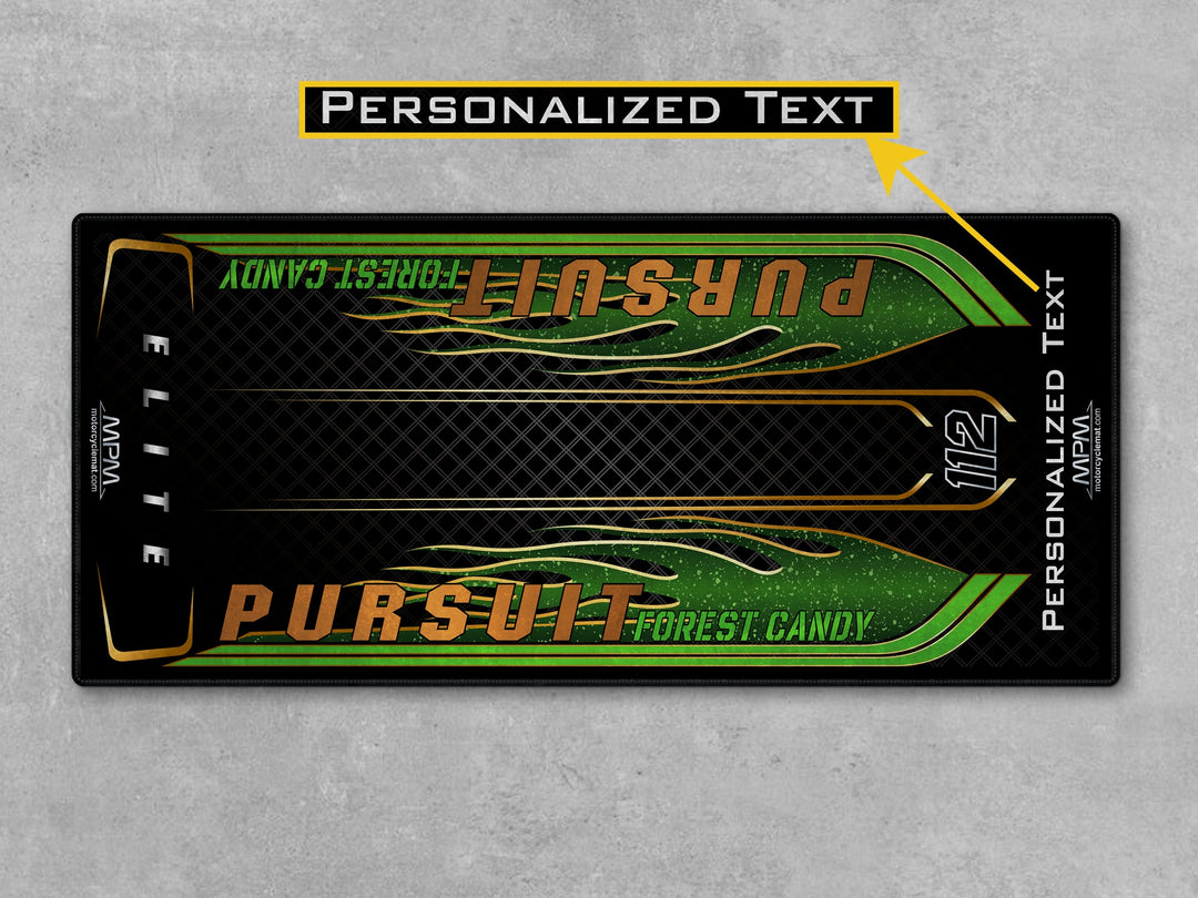 Pursuit Elite Forest Candy Motorcycle Display mat – custom floor cover gift for cruiser owners, ideal for racetrack or showroom.
