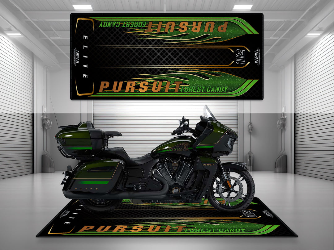 Pursuit Elite Forest Candy Motorcycle Pit mat – premium green parking mat for touring bikes, non-slip floor cover.

