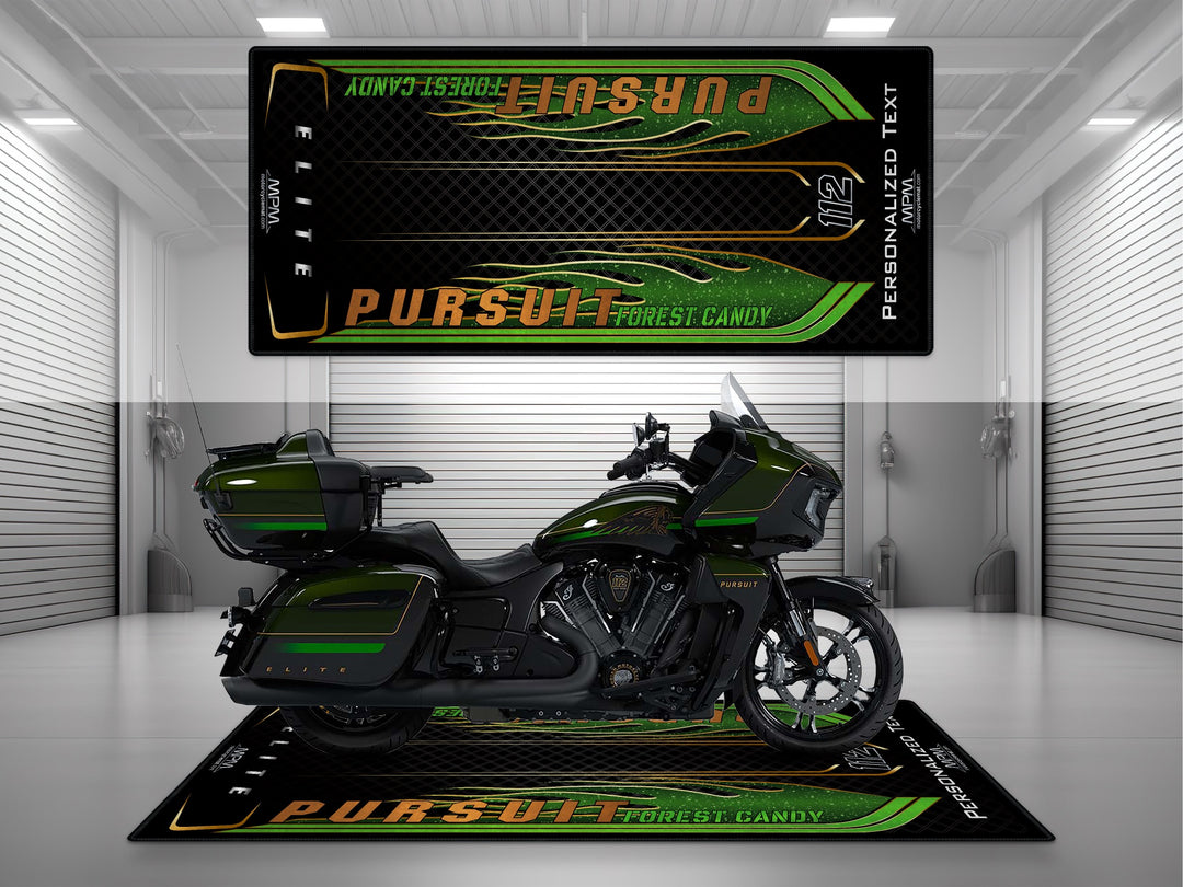 Pursuit Elite Forest Candy Motorcycle Parking mat – personalized pit rug for riders, perfect accessory for bike zone setup.
