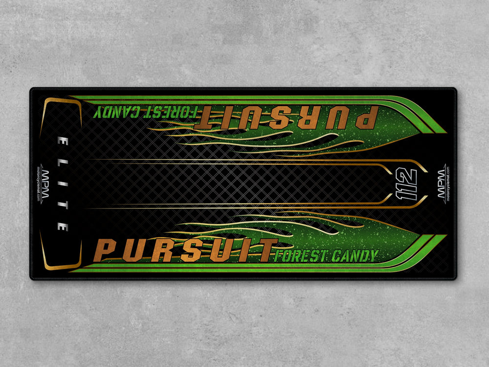 Pursuit Elite Forest Candy Motorcycle Display mat – dark green showroom rug and Thermoplastic Rubber garage floor protector.
