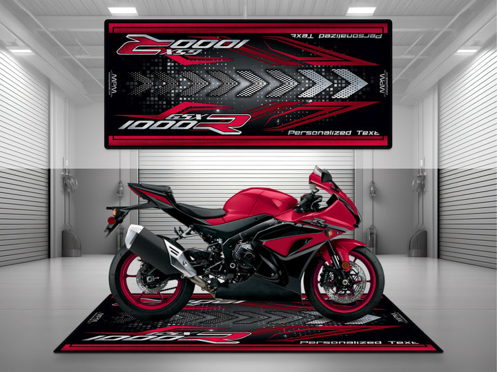 Suzuki GSX-R1000R Red Motorcycle Garage mat – personalized custom pit rug, gift accessory for superbike garage.

