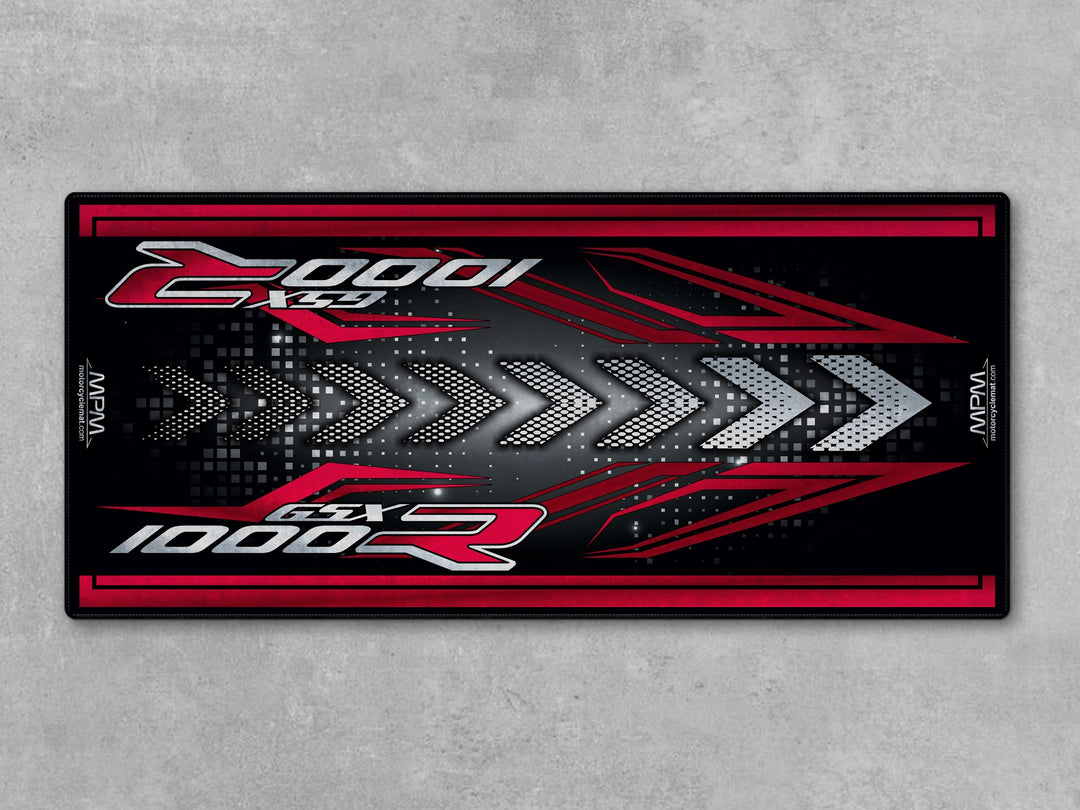Suzuki GSX-R1000R Red Motorcycle Garage mat with Thermoplastic Rubber floor cover, parking mat, bike zone.
