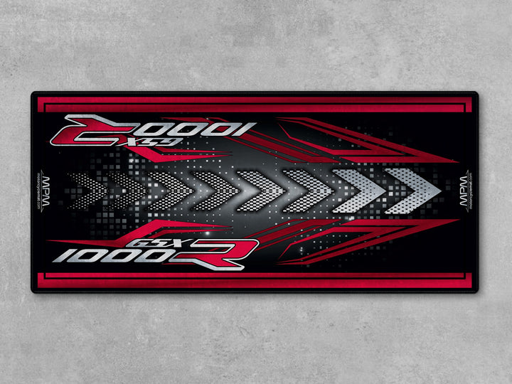 Suzuki GSX-R1000R Red Motorcycle Garage mat with Thermoplastic Rubber floor cover, parking mat, bike zone.
