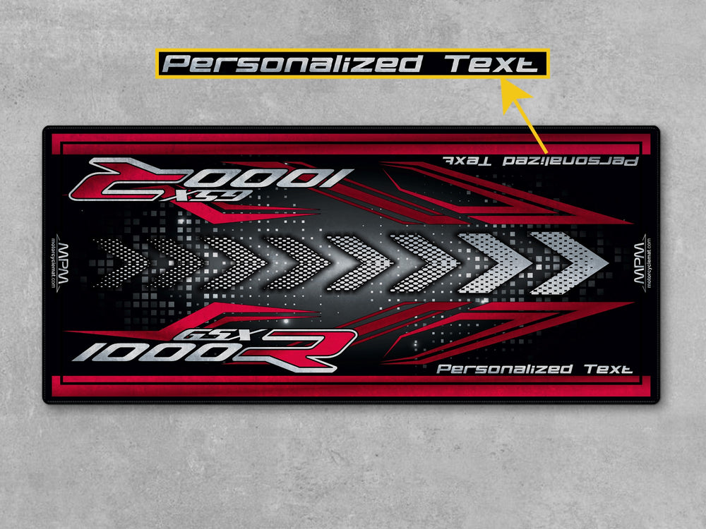 Suzuki GSX-R1000R Red Motorcycle Garage mat – red black motorcycle display carpet, track prep floor protection.

