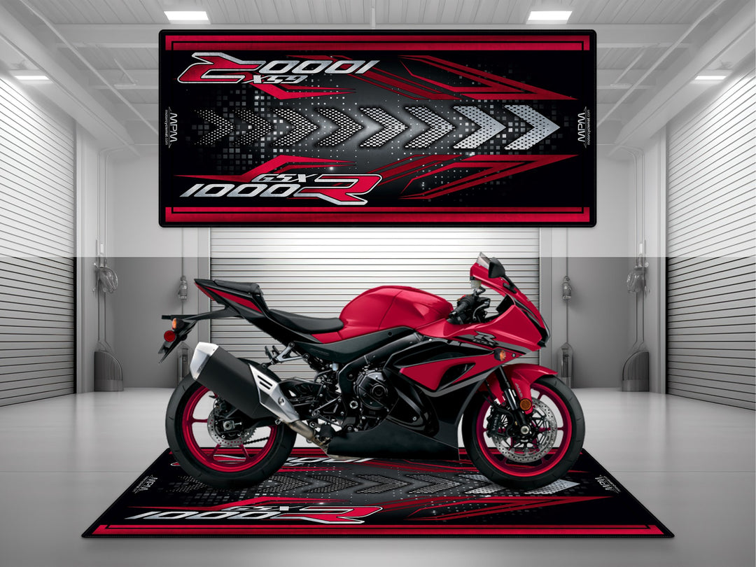Suzuki GSX-R1000R Red Motorcycle Garage mat – black red pit rug for showroom, racetrack, rider essentials.
