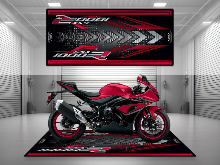 Suzuki GSX-R1000R Red Motorcycle Garage mat – black red pit rug for showroom, racetrack, rider essentials.
