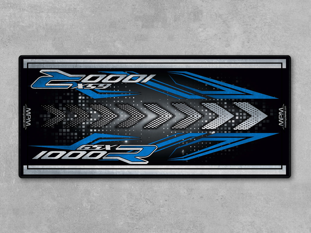 Suzuki GSX R1000R Silver Motorcycle Garage mat with Thermoplastic Rubber floor cover, bike zone display carpet.
