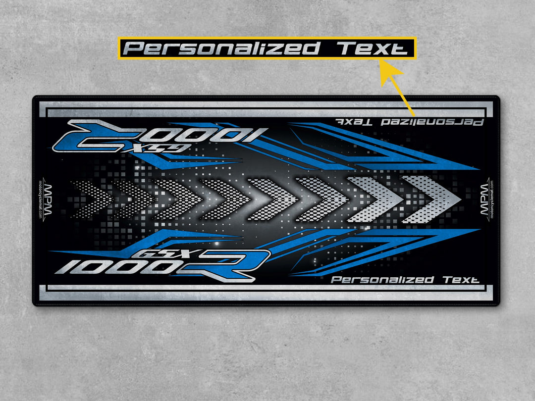 Suzuki GSX R1000R Silver Motorcycle Garage mat – blue black motorcycle display rug, track prep garage floor protection.
