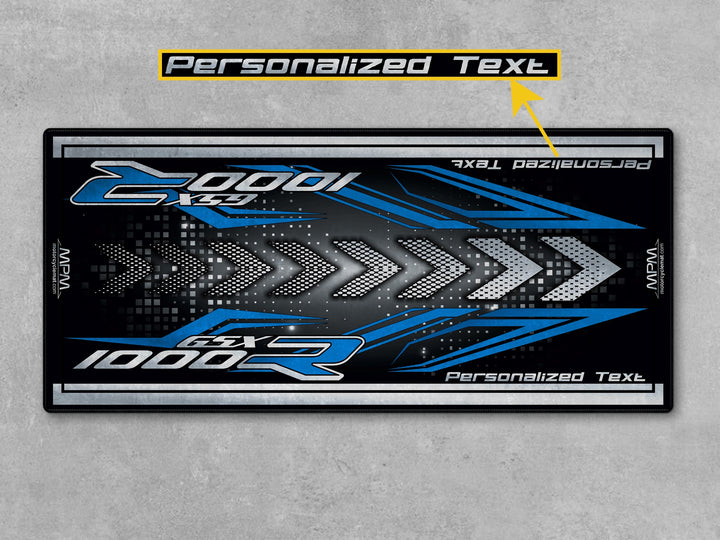 Suzuki GSX R1000R Silver Motorcycle Garage mat – blue black motorcycle display rug, track prep garage floor protection.
