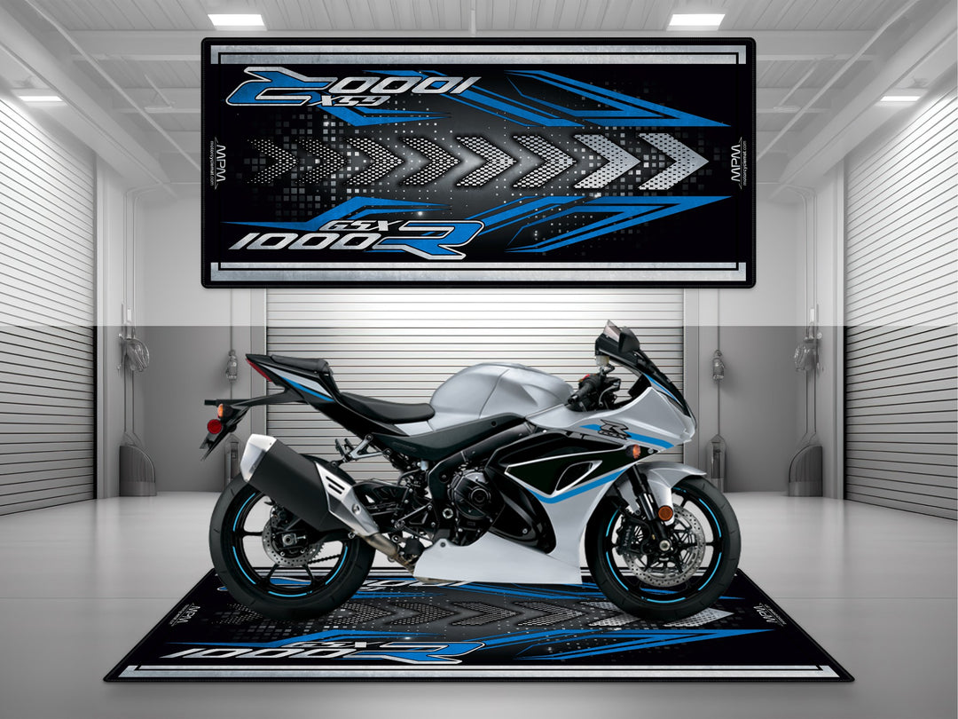 Suzuki GSX R1000R Silver Motorcycle Garage mat – blue black pit rug, parking mat for showroom and racetrack.
