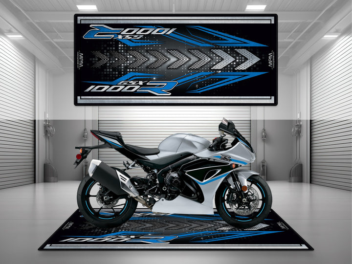 Suzuki GSX R1000R Silver Motorcycle Garage mat – blue black pit rug, parking mat for showroom and racetrack.
