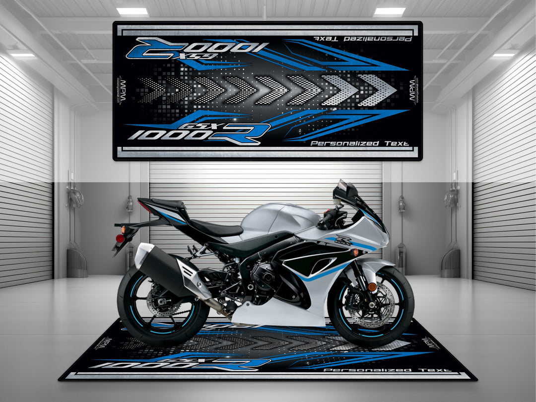 Suzuki GSX R1000R Silver Motorcycle Garage mat – personalized custom pit rug, superbike garage gift accessory.
