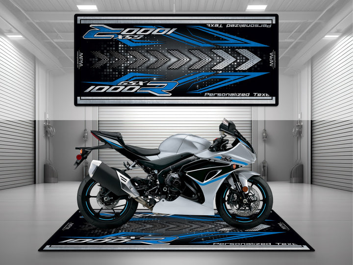 Suzuki GSX R1000R Silver Motorcycle Garage mat – personalized custom pit rug, superbike garage gift accessory.
