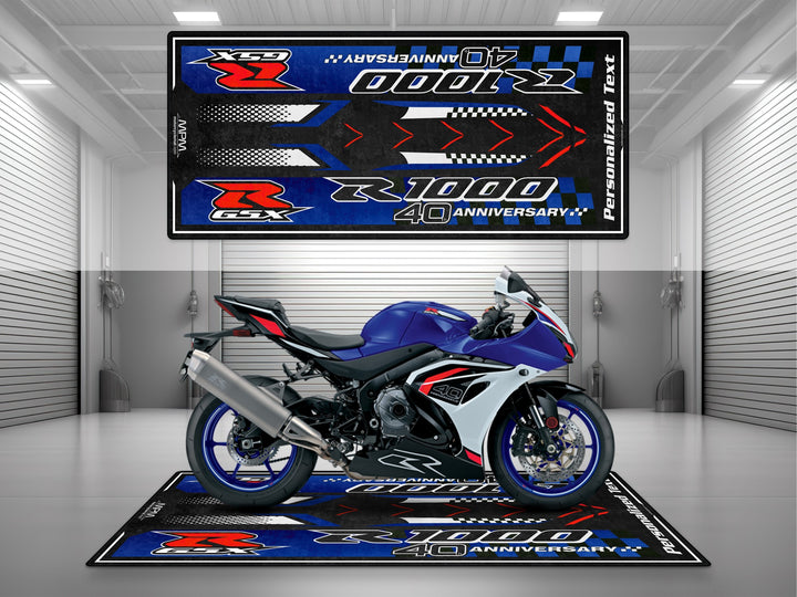 Suzuki GSX-R1000R Blue-White Custom Motorcycle Garage mat, motorcycle display rug, showroom carpet, racetrack prep, garage floor protection.

