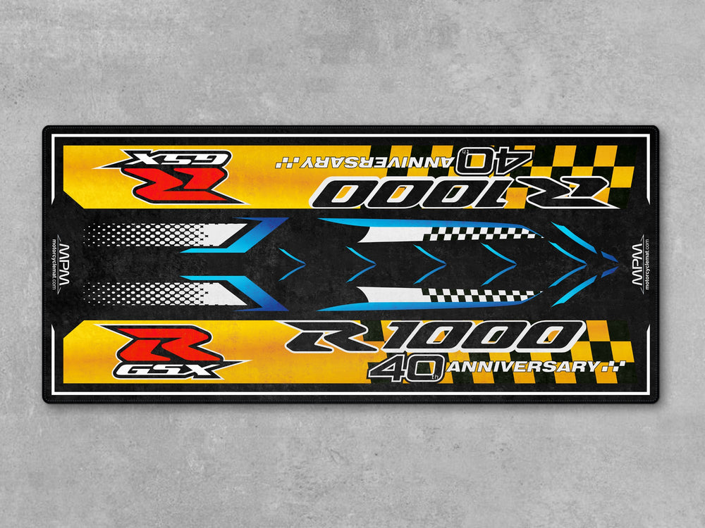 Suzuki GSX-R1000R Yellow-Black Motorcycle Garage mat, carpet for racetrack prep, motorcycle display, garage floor protection, Thermoplastic Rubber.
