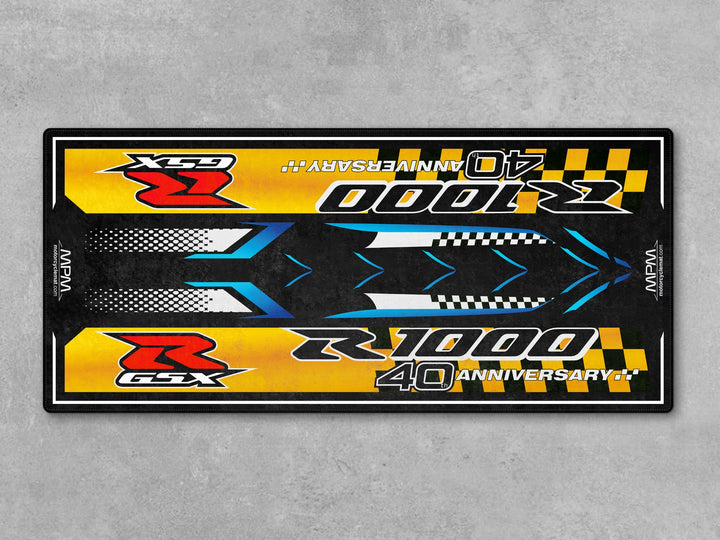 Suzuki GSX-R1000R Yellow-Black Motorcycle Garage mat, carpet for racetrack prep, motorcycle display, garage floor protection, Thermoplastic Rubber.
