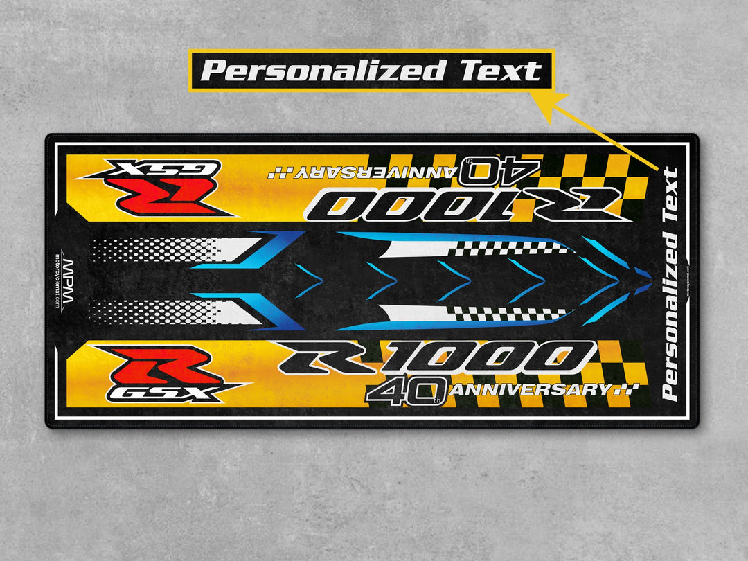 Suzuki GSX-R1000R Yellow-Black Custom Motorcycle Garage mat, motorcycle display rug, showroom carpet, racetrack prep, garage floor protection.
