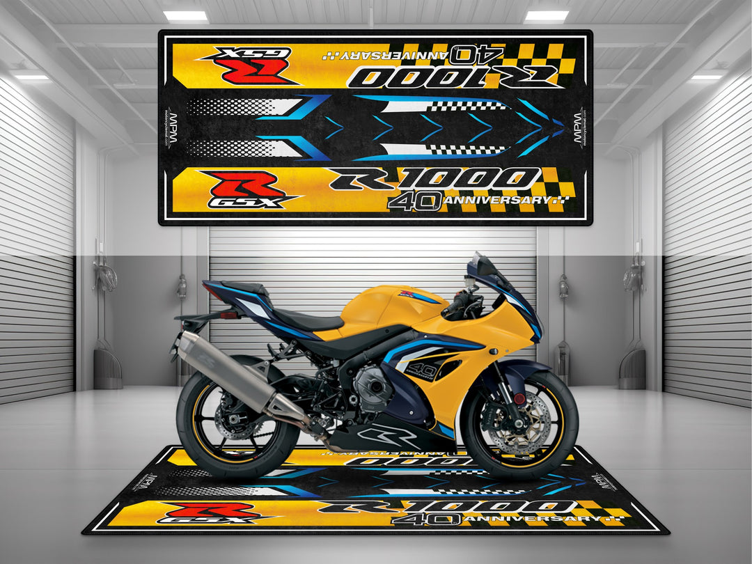 Suzuki GSX-R1000R Yellow-Black Motorcycle Garage mat, parking mat, pit mat, showroom rug, superbike garage floor cover, rider essentials.
