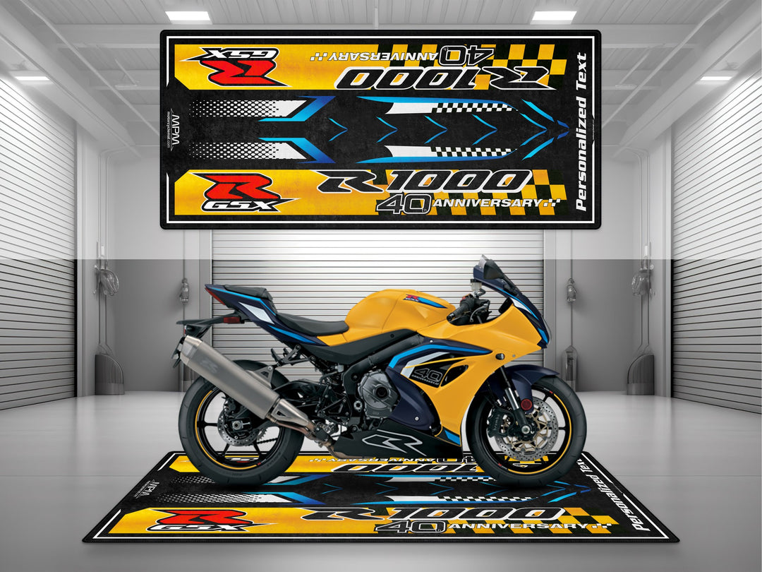 Suzuki GSX-R1000R Yellow-Black Personalized Motorcycle Garage mat, custom pit rug, perfect gift, rider gear accessory, bike zone floor cover.
