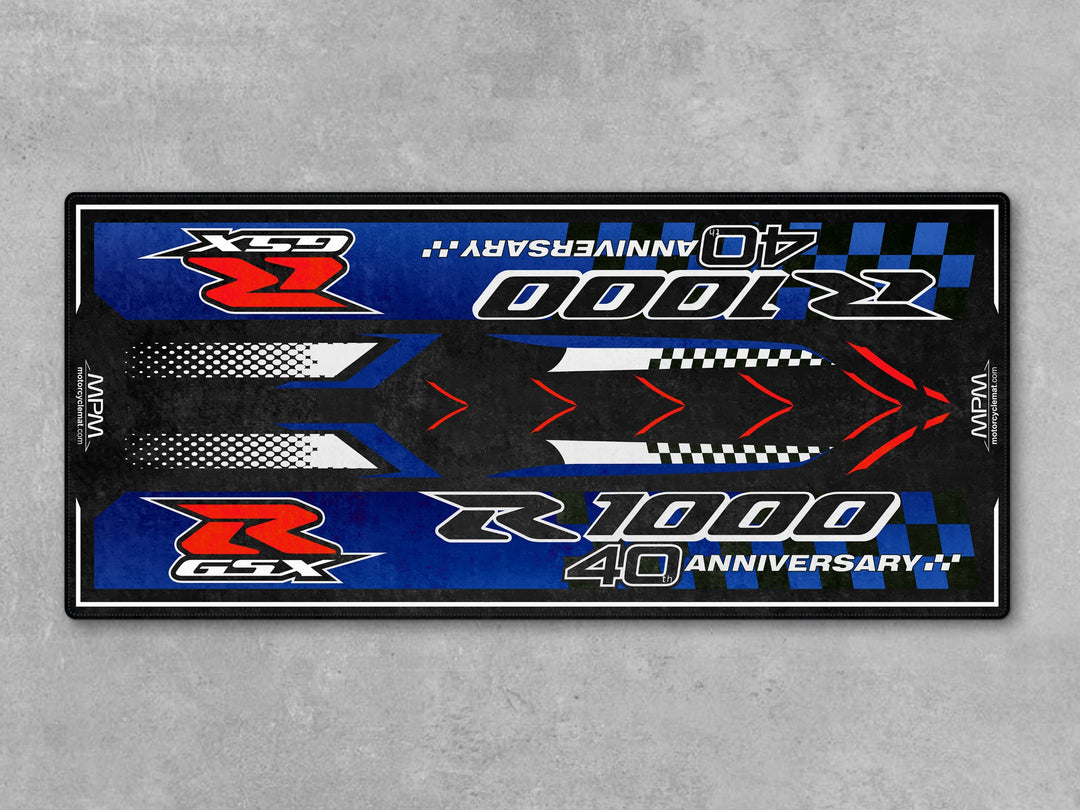 Suzuki GSX-R1000R Blue-White Motorcycle Garage mat, racetrack prep pit rug, motorcycle display carpet, garage floor protection, Thermoplastic Rubber.
