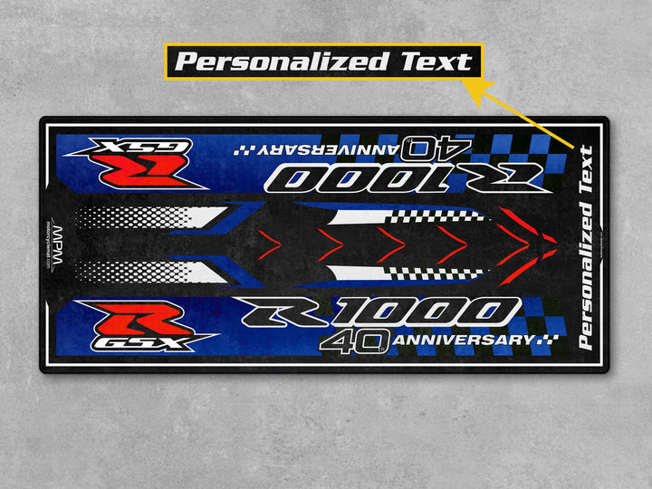 Suzuki GSX-R1000R Blue-White Personalized Motorcycle Garage mat, custom pit rug, perfect gift for riders, accessory, bike zone floor cover.
