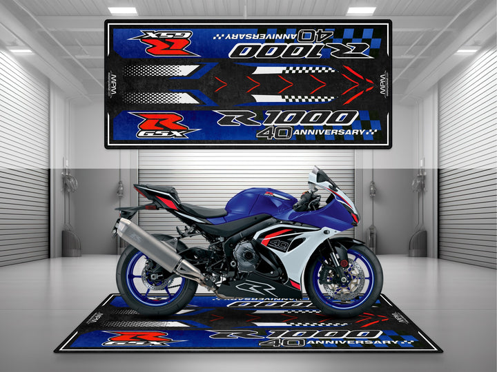 Suzuki GSX-R1000R Blue-White Motorcycle Garage mat, parking mat, pit mat, showroom rug, superbike garage floor cover, rider essentials.
