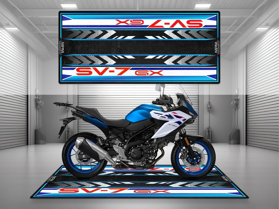 Suzuki SV-7 GX Blue White Motorcycle Garage mat parking mat rug showroom bike zone