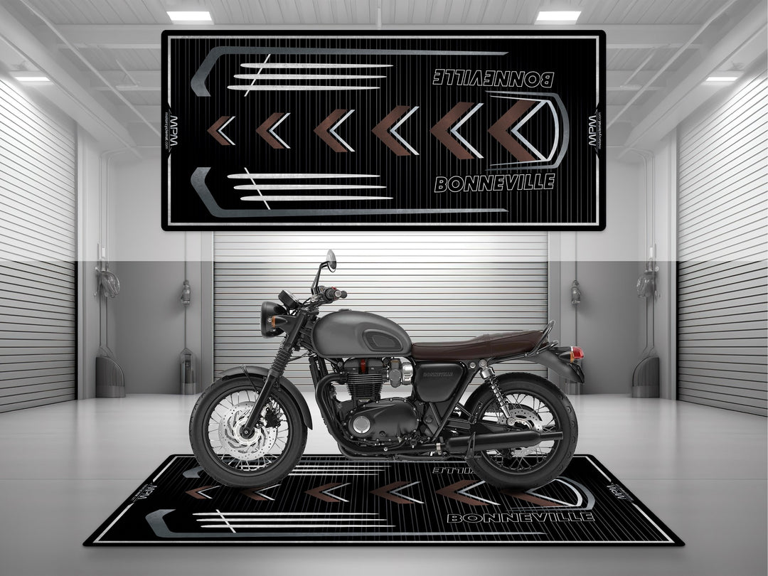 Triumph Bonneville Grey Motorcycle Garage mat – black brown pit rug, showroom floor cover, rider essentials.
