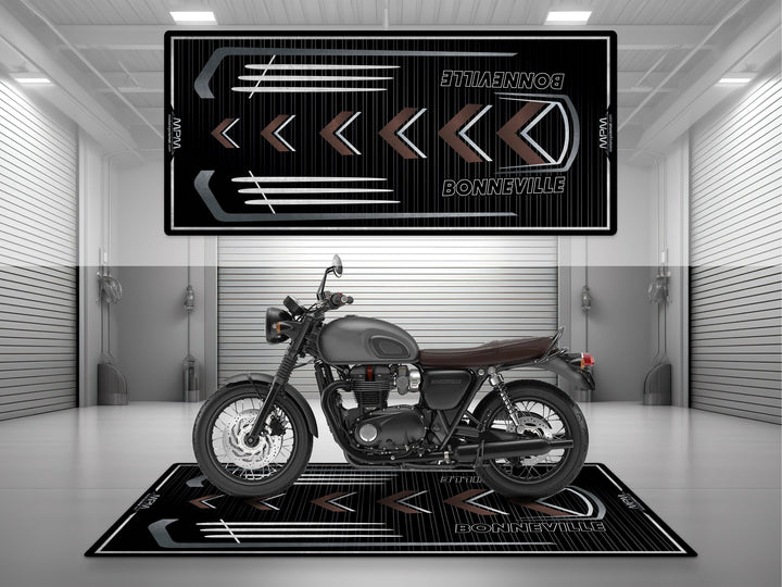Triumph Bonneville Grey Motorcycle Garage mat – black brown pit rug, showroom floor cover, rider essentials.
