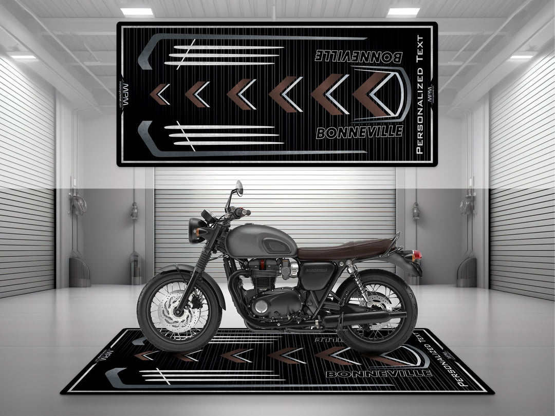 Triumph Bonneville Grey Motorcycle Garage mat – black brown motorcycle display rug, track prep garage floor protection.
