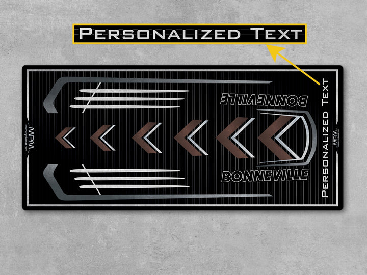 Triumph Bonneville Grey Motorcycle Garage mat – personalized custom pit rug, superbike garage gift accessory.
