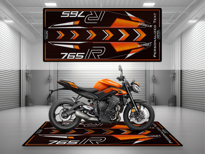 Triumph Street Triple 765 R Orange Motorcycle Garage mat – personalized custom pit rug, superbike garage gift accessory.
