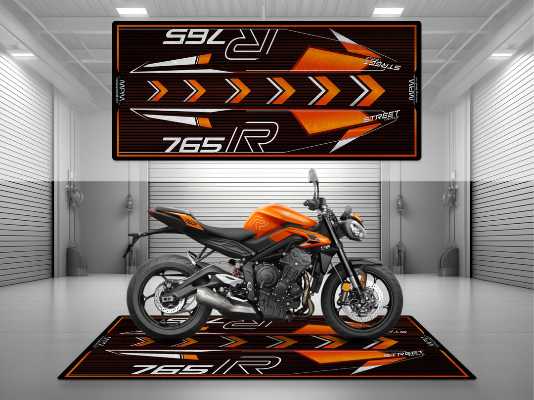 Triumph Street Triple 765 R Orange Motorcycle Garage mat – black orange pit rug, parking mat, showroom floor cover.
