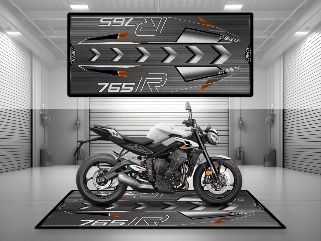 Triumph Street Triple 765 R White Motorcycle Garage mat – black grey pit rug, showroom floor cover, rider essentials.

