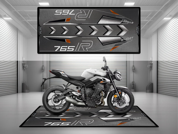 Triumph Street Triple 765 R White Motorcycle Garage mat – black grey pit rug, showroom floor cover, rider essentials.
