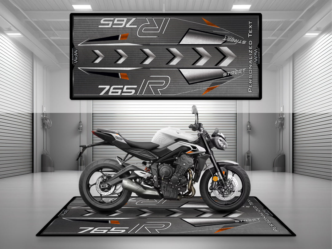 Triumph Street Triple 765 R White Motorcycle Garage mat – personalized custom pit rug, superbike garage gift accessory.

