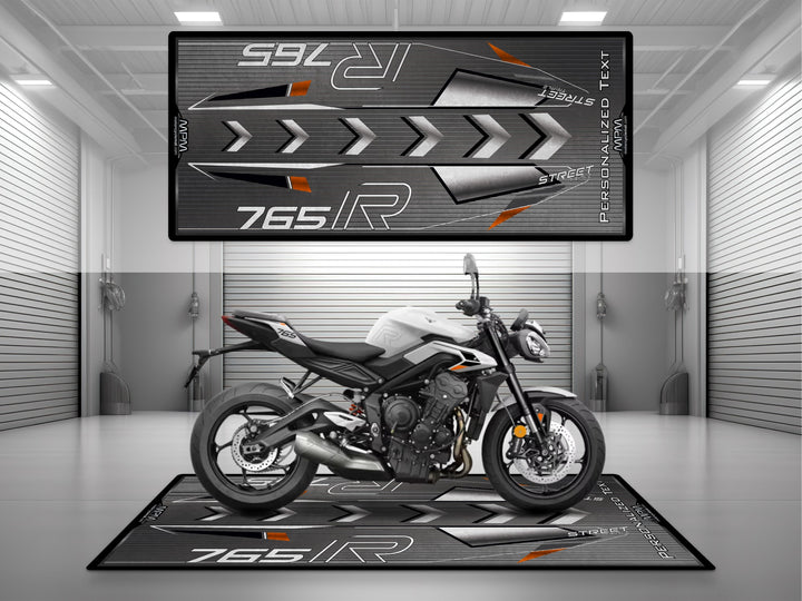 Triumph Street Triple 765 R White Motorcycle Garage mat – personalized custom pit rug, superbike garage gift accessory.
