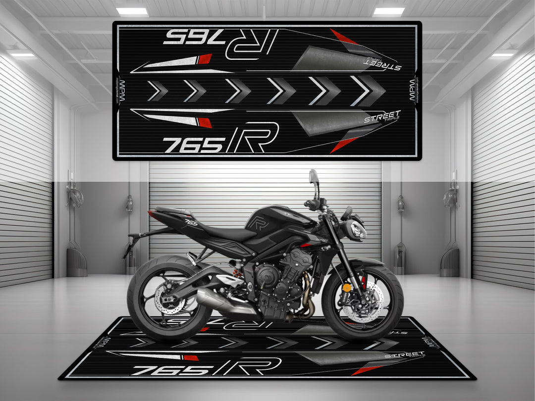Triumph Street Triple 765 R Black Motorcycle Garage mat – red black pit rug, parking mat, showroom floor protection.

