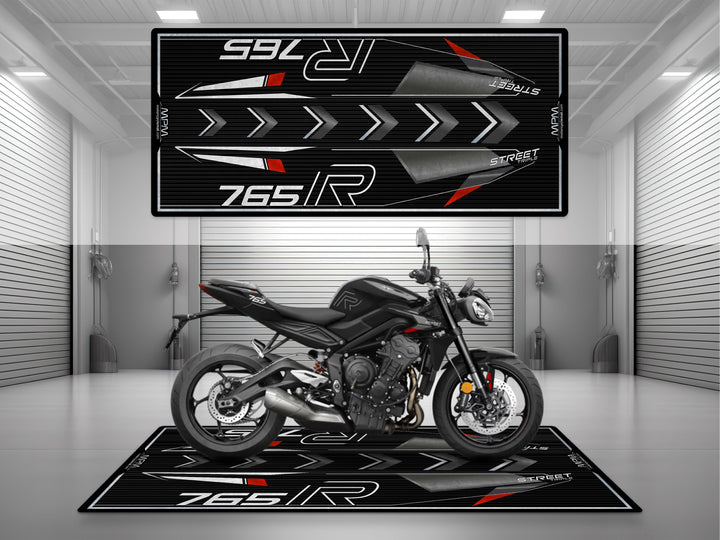 Triumph Street Triple 765 R Black Motorcycle Garage mat – red black pit rug, parking mat, showroom floor protection.
