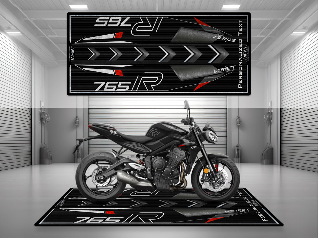 Triumph Street Triple 765 R Black Motorcycle Garage mat – personalized custom pit rug, superbike garage gift accessory.
