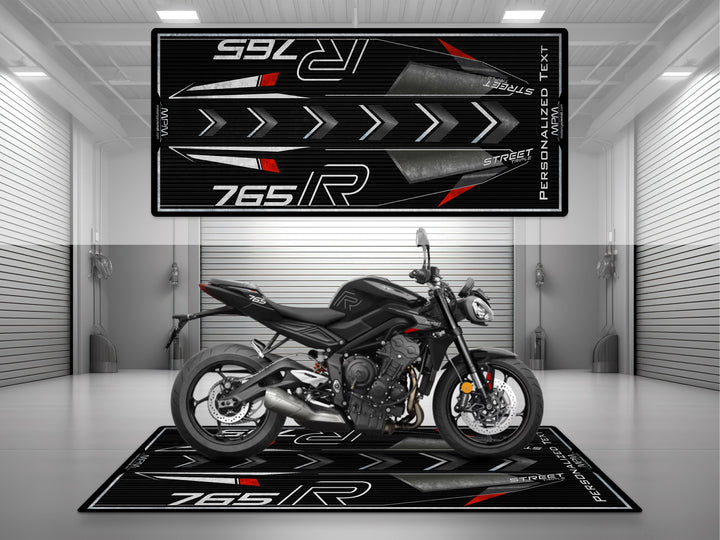 Triumph Street Triple 765 R Black Motorcycle Garage mat – personalized custom pit rug, superbike garage gift accessory.
