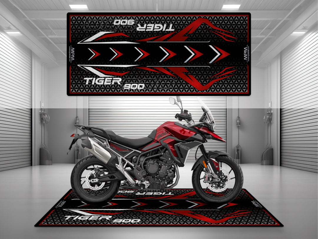 Triumph Tiger 900 Red Motorcycle Garage mat – black red pit rug, showroom floor cover, rider essentials.
