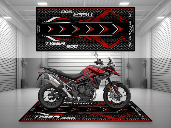 Triumph Tiger 900 Red Motorcycle Garage mat – personalized custom pit rug, superbike garage gift accessory.
