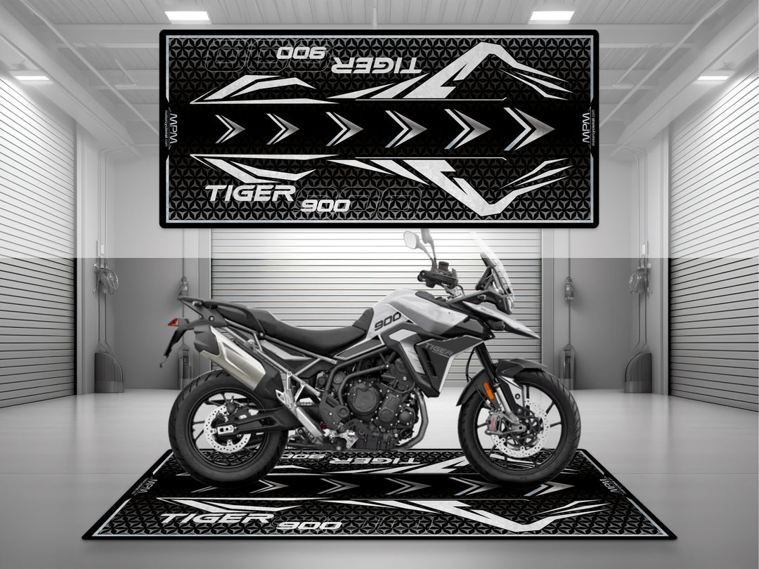 Triumph Tiger 900 White Motorcycle Garage mat – black white pit rug, parking mat, showroom floor cover.
