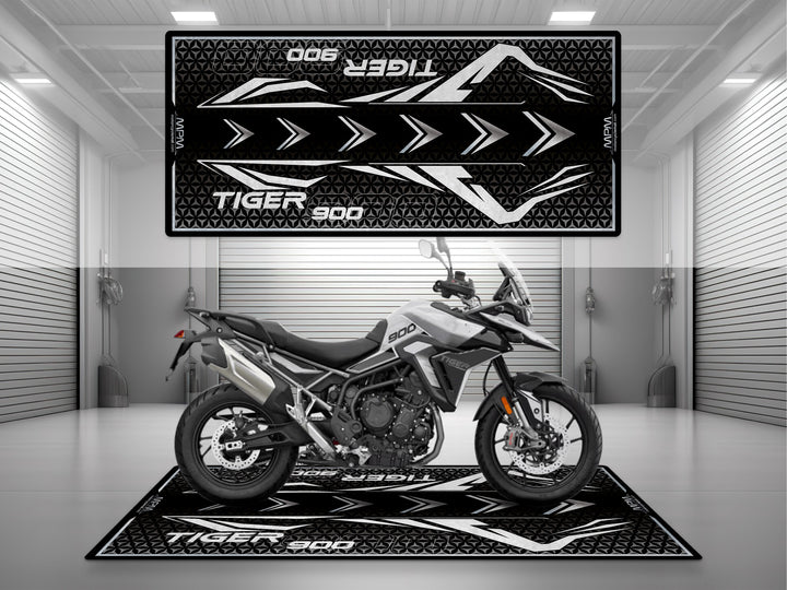 Triumph Tiger 900 White Motorcycle Garage mat – black white pit rug, parking mat, showroom floor cover.
