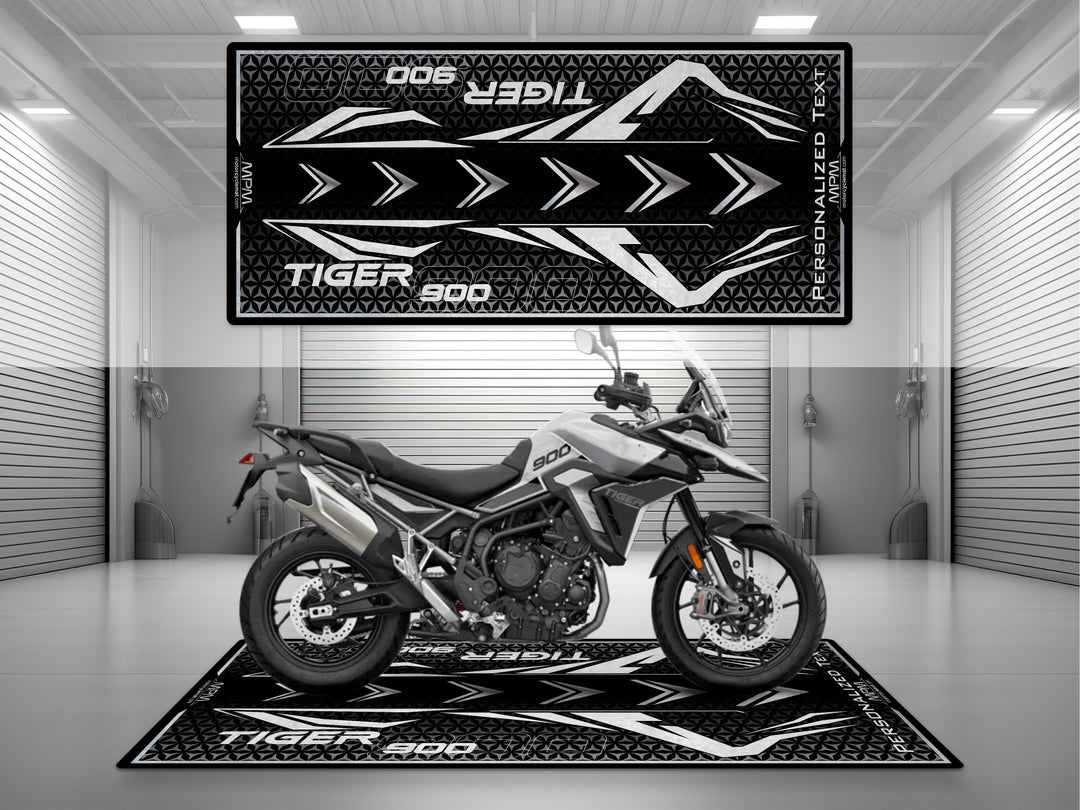 Triumph Tiger 900 White Motorcycle Garage mat – personalized custom pit rug, superbike garage gift accessory.
