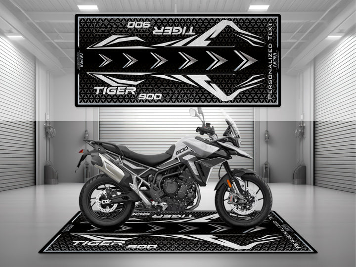 Triumph Tiger 900 White Motorcycle Garage mat – personalized custom pit rug, superbike garage gift accessory.
